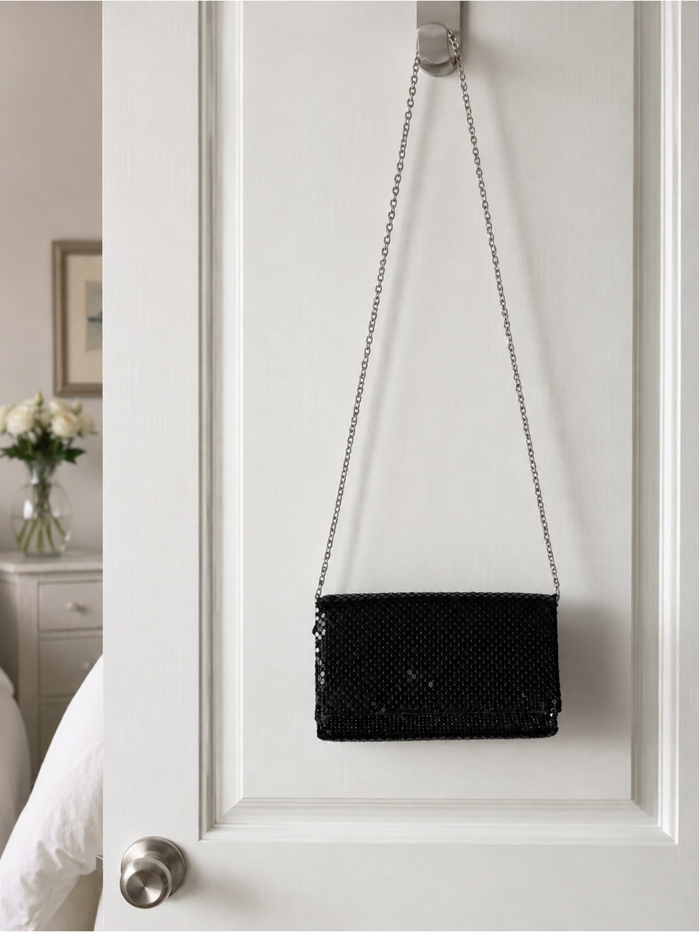 Gunne Sax Jessica McClintock Black Mesh Evening Purse Vintage Clutch w/ Chain